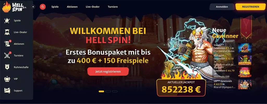 Homepage der Online-Glücksspielseite HellSpin Casino DE