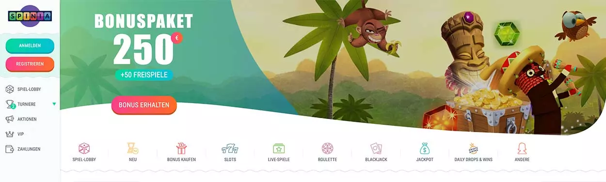 Homepage der Online-Glücksspielseite Spinia DE