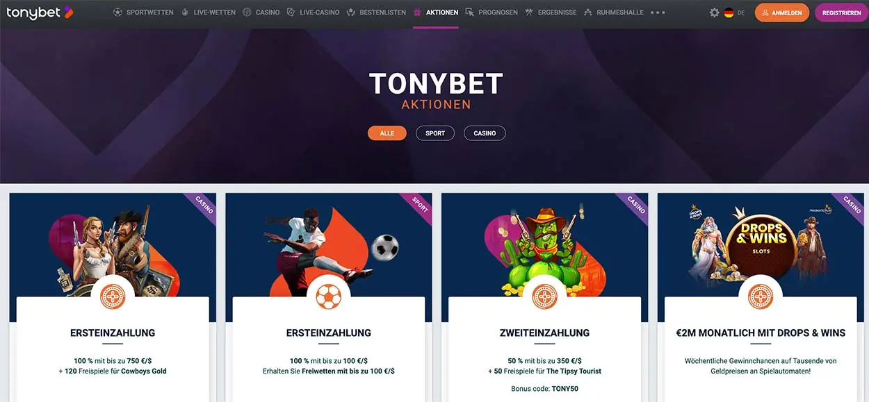 TonyBet bonuses, promotions and bonus codes for DE players