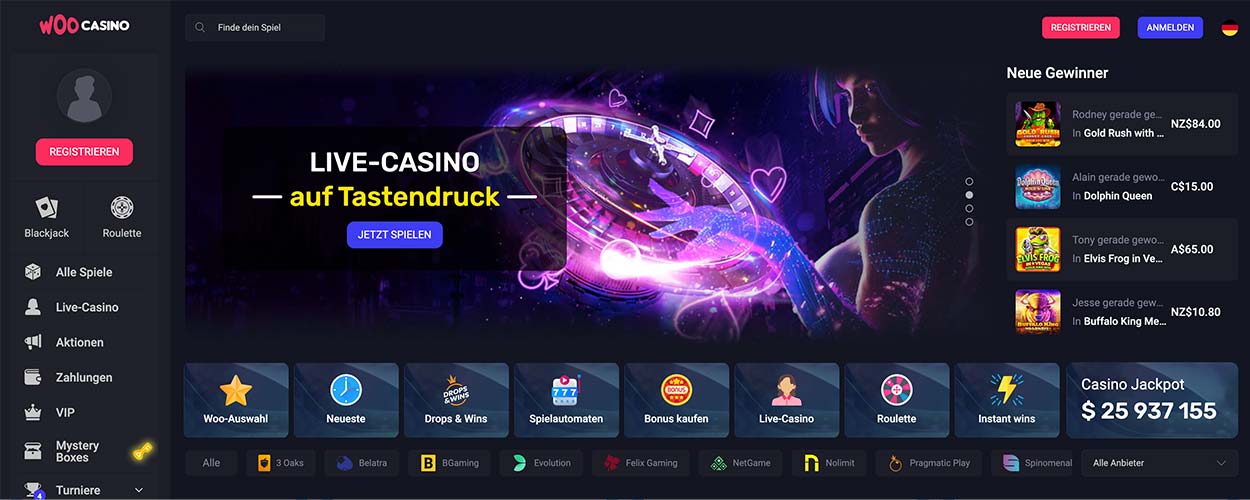 WooCasino DE online gambling site home page